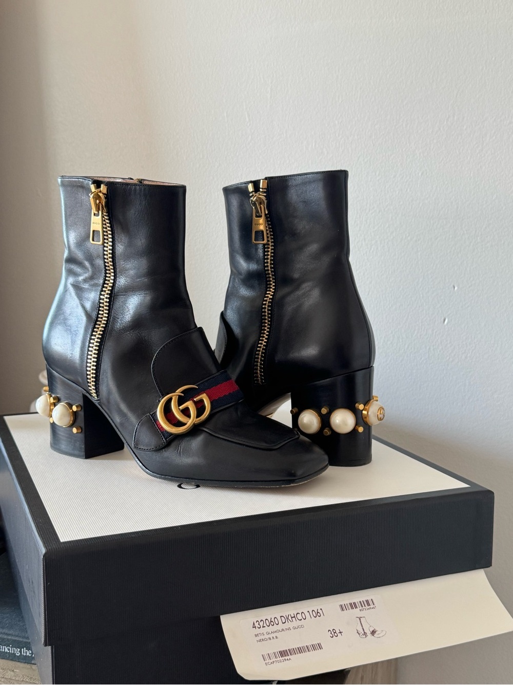 Gucci Black Leather Ankle Boots with Gold GG and Pearl Heel Accents
